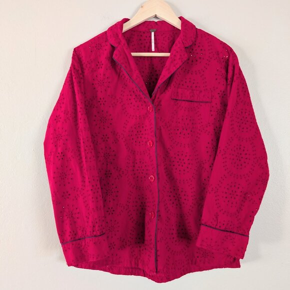 Free People Dream Together Collared Button Up Red Eyelet Top - Women's XS - Picture 1 of 13